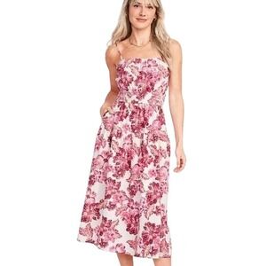Old Navy NWT Waist-Defined Dress M Pink Floral Linen-Blend Smocked Midi Cami New